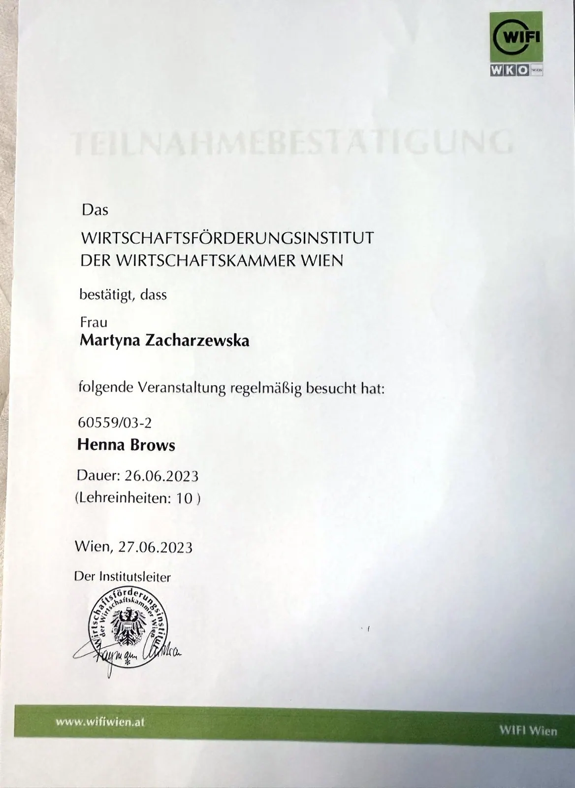 Teilnahmebestätigung des WIFI Wien für Martyna Zacharzewska: Henna Brows