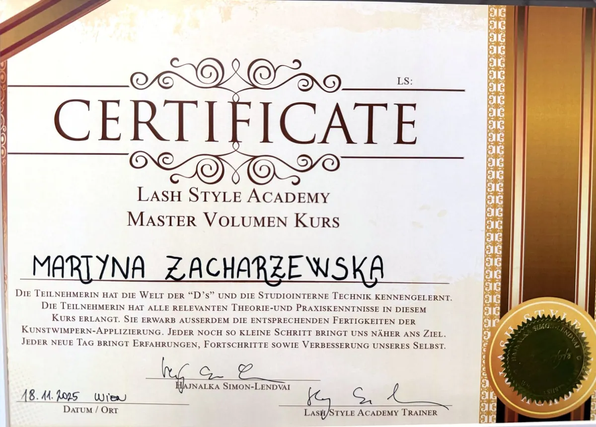 Zertifikat „Master Volumen Kurs“ der Lash Style Academy für Martyna Zacharzewska