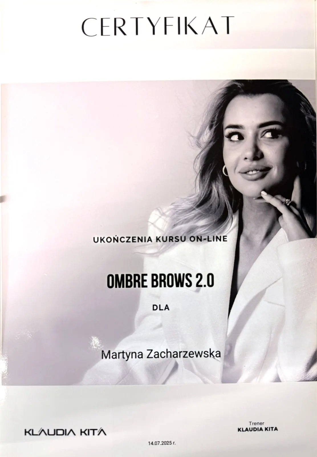 Zertifikat „Ombre Brows 2.0“ von Klaudia Kita für Martyna Zacharzewska