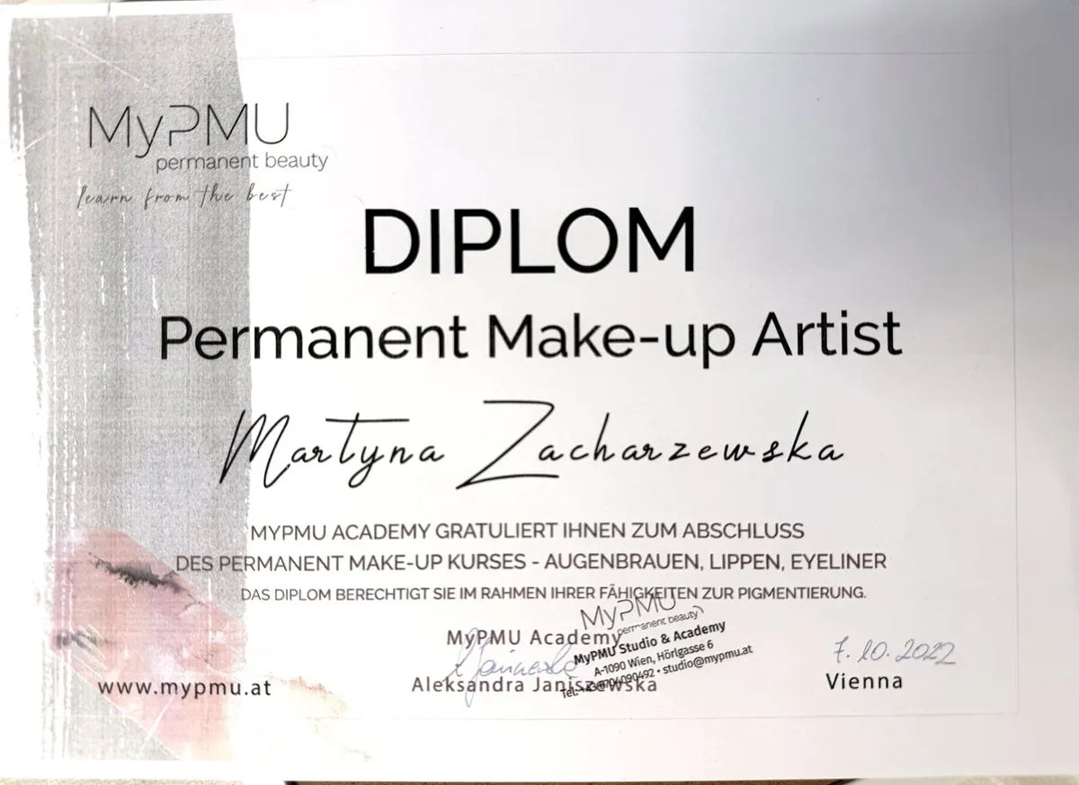 Diplom „Permanent Make-up Artist“ der MyPMU Academy für Martyna Zacharzewska
