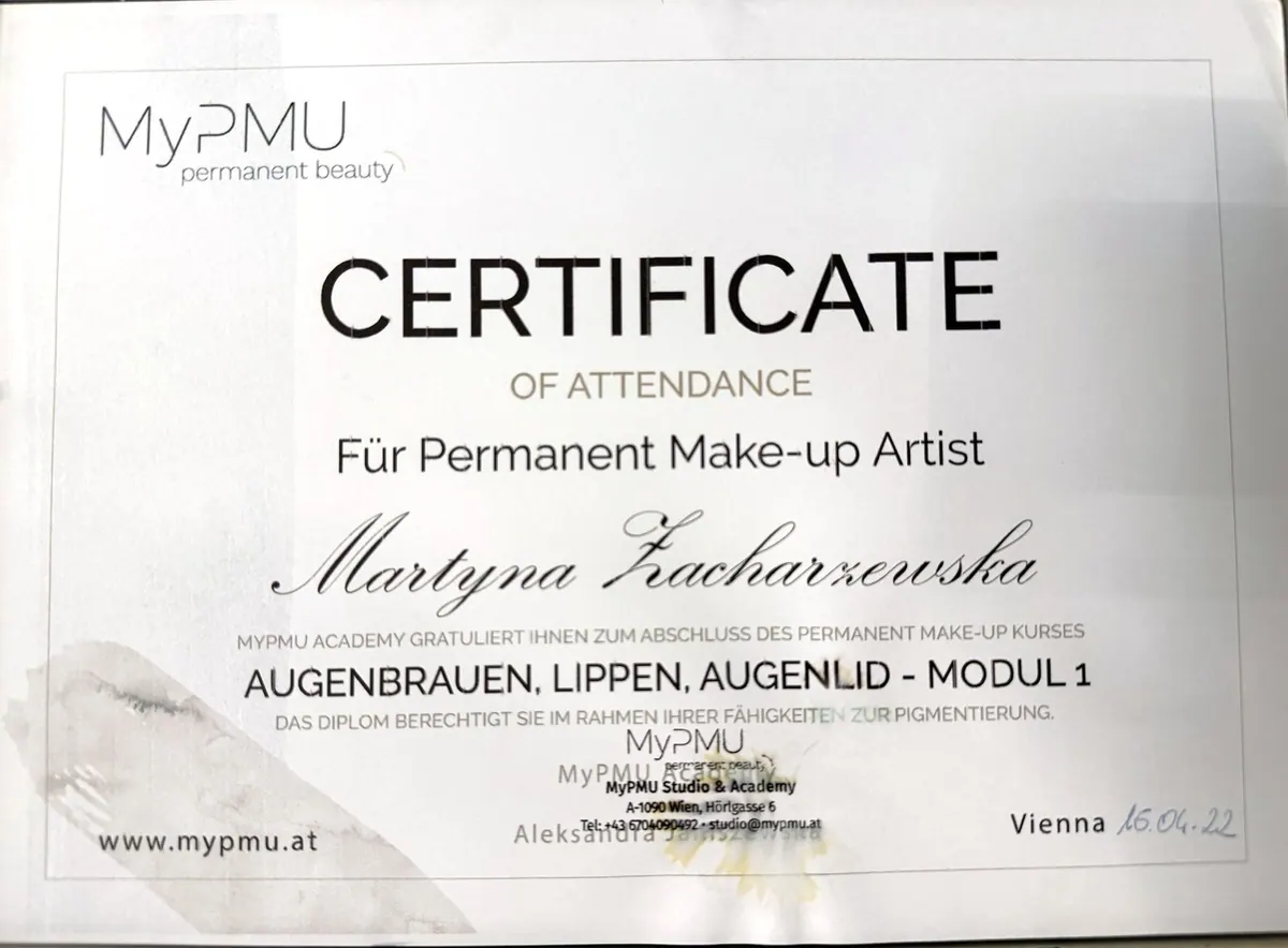 Teilnahmezertifikat der MyPMU Academy für Martyna Zacharzewska: Permanent Make-up Artist, Modul 1