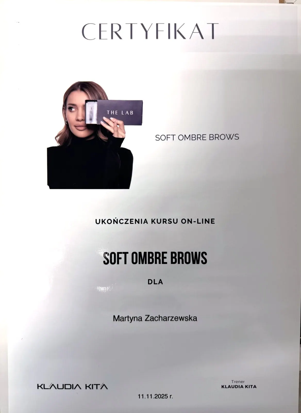 Zertifikat „Soft Ombre Brows“ von Klaudia Kita für Martyna Zacharzewska