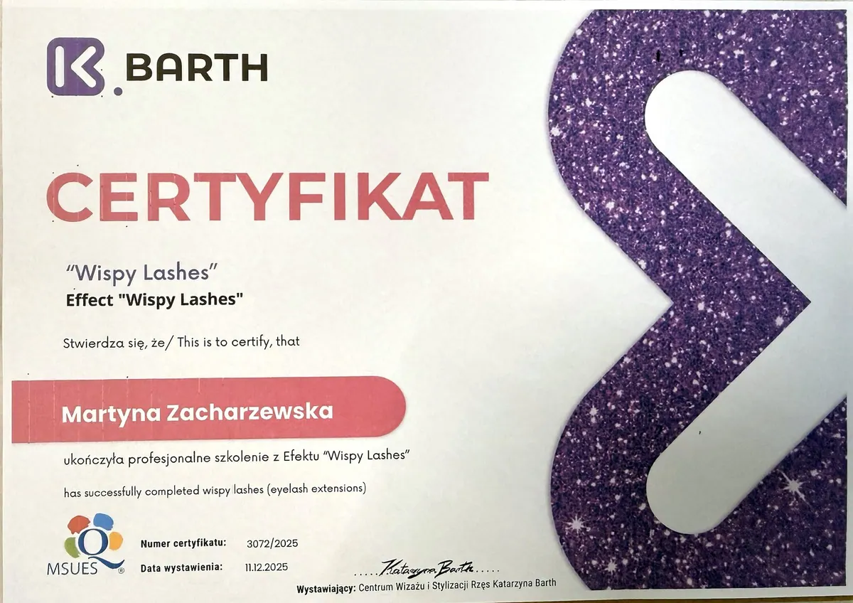 Zertifikat Effekt „Wispy Lashes“ (Wimpernverlängerung) für Martyna Zacharzewska
